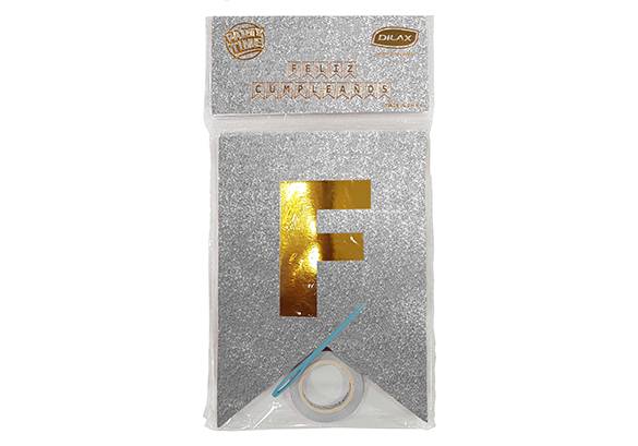 BANDERIN GLITTER PLATA LETRA STAMPING DORADO - FELIZ CUMPLEAÑOS