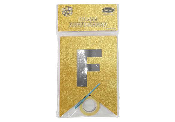 BANDERIN GLITTER DORADO LETRA STAMPING PLATA - FELIZ CUMPLEAÑOS
