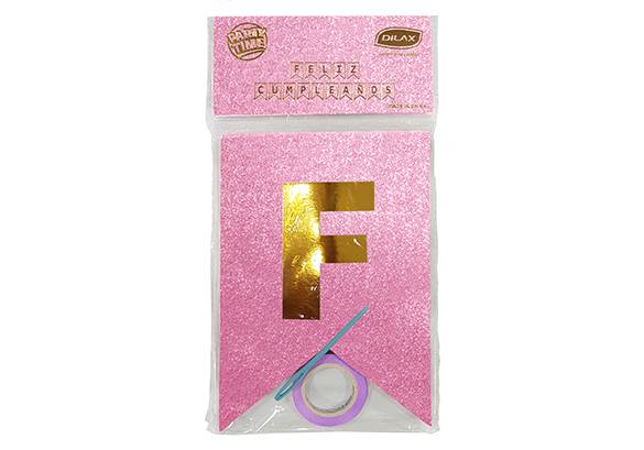 BANDERIN GLITTER ROSA LETRA STAMPING DORADO - FELIZ CUMPLEAÑOS