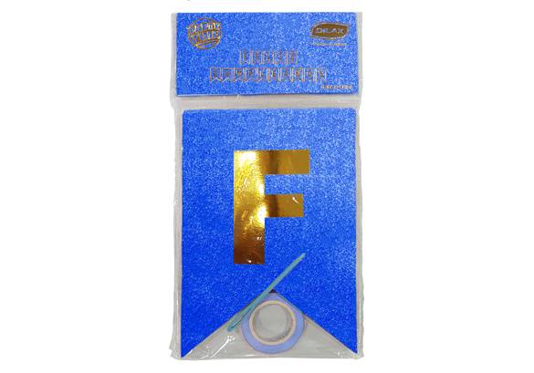 BANDERIN GLITTER AZUL LETRA STAMPING DORADO - FELIZ CUMPLEAÑOS