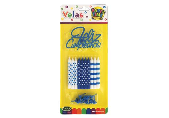 10 VELAS LUNARES Y RAYAS AZULES + 10 SOPORTES + ADORNO FELIZ CUMPLE