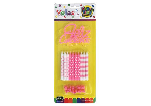 10 VELAS LUNARES Y RAYAS ROSADOS + 10 SOPORTES + ADORNO FELIZ CUMPLE