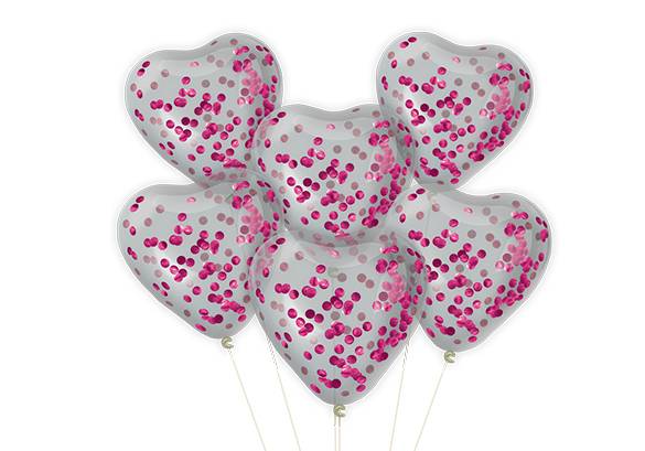 SET 6 GLOBOS CORAZON CRISTAL CON CONFETTI FUCSIA