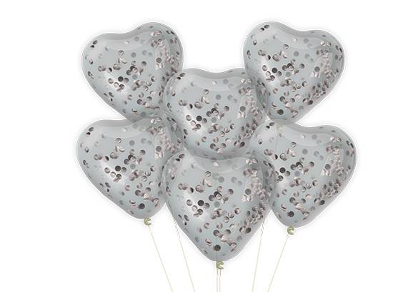 SET 6 GLOBOS CORAZON CRISTAL CON CONFETTI PLATA