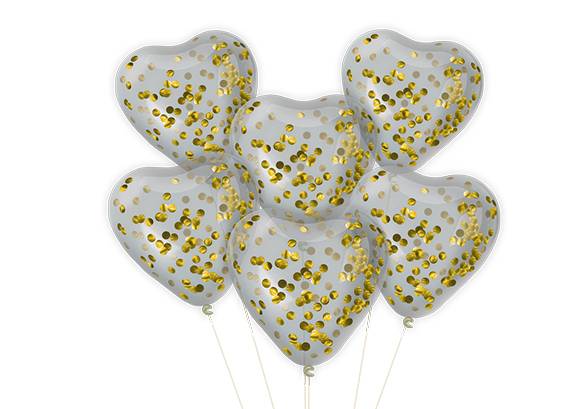 SET 6 GLOBOS CORAZON CRISTAL CON CONFETTI DORADO