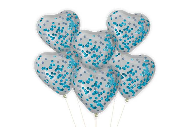 SET 6 GLOBOS CORAZON CRISTAL CON CONFETTI CELESTE