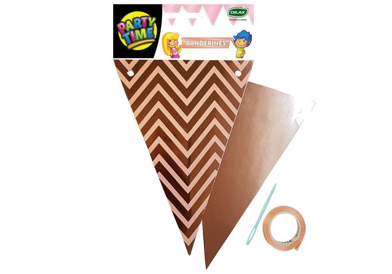 BANDERIN TRIANGULAR ROSA GOLD con LINEAS ZIGZAG ROSAS