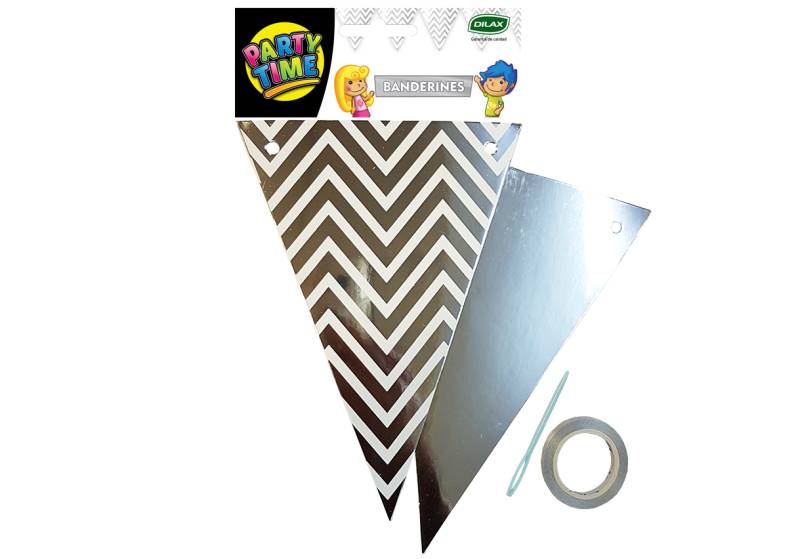 BANDERIN TRIANGULAR PLATA con LINEAS ZIGZAG BLANCAS