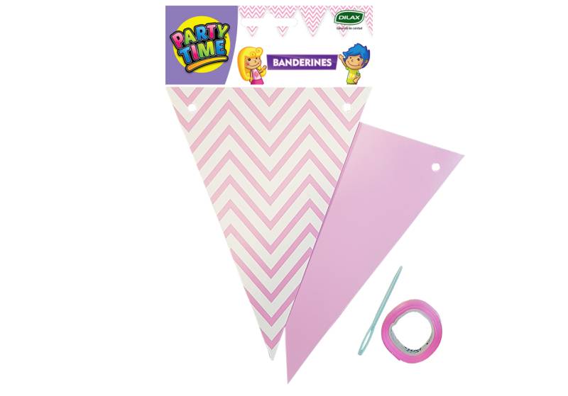 BANDERIN TRIANGULAR ROSA con LINEAS ZIGZAG BLANCAS