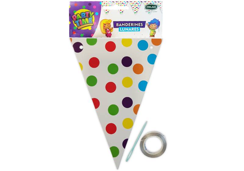 BANDERIN TRIANGULAR BLANCO con LUNARES COLORES