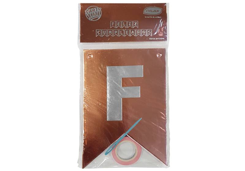 BANDERIN METALIZADO ROSA GOLD LETRA STAMPING PLATA - FELIZ CUMPLEAÑOS