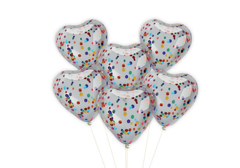 SET 6 GLOBOS CORAZON CRISTAL con CONFETTI MULTICOLOR