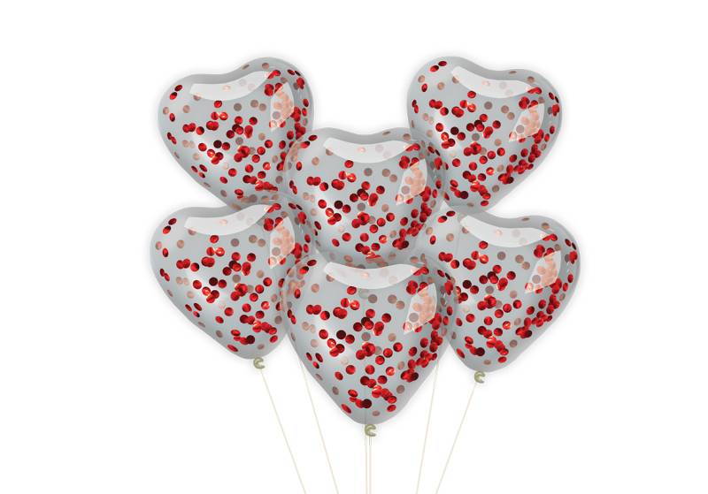 SET 6 GLOBOS CORAZON CRISTAL CON CONFETTI ROJO