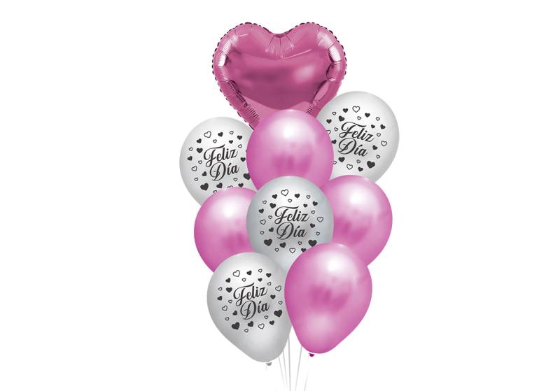 SET DE GLOBOS IMPRESOS FELIZ DIA CORAZON ROSA