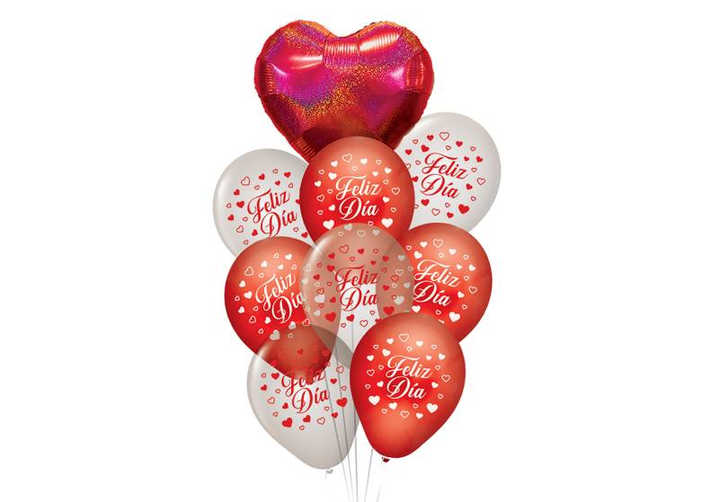 SET DE GLOBOS IMPRESOS FELIZ DIA CORAZON HOLOGRAFICO ROJO