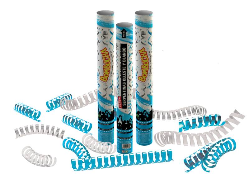 CAÑON LANZA SERPENTINAS METALIZADO CELESTE Y BLANCO