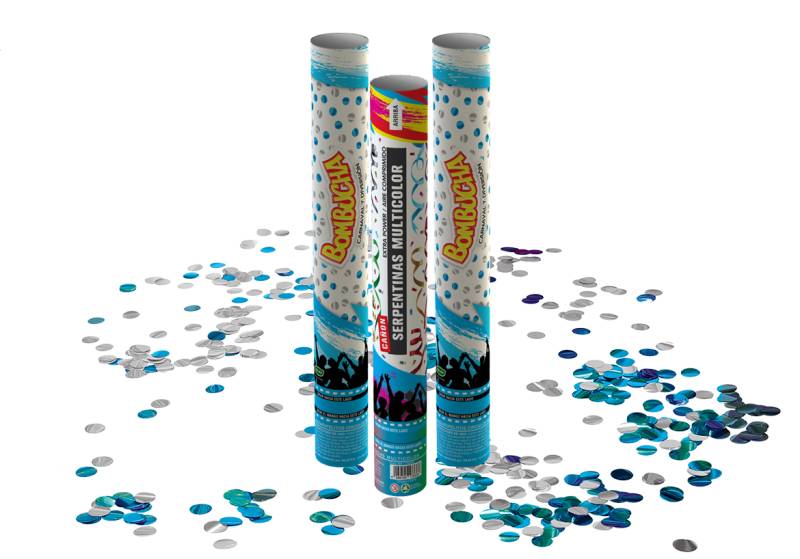 CAÑON LANZAPAPELITOS CIRCULOS METALIZADO CELESTE Y BLANCO