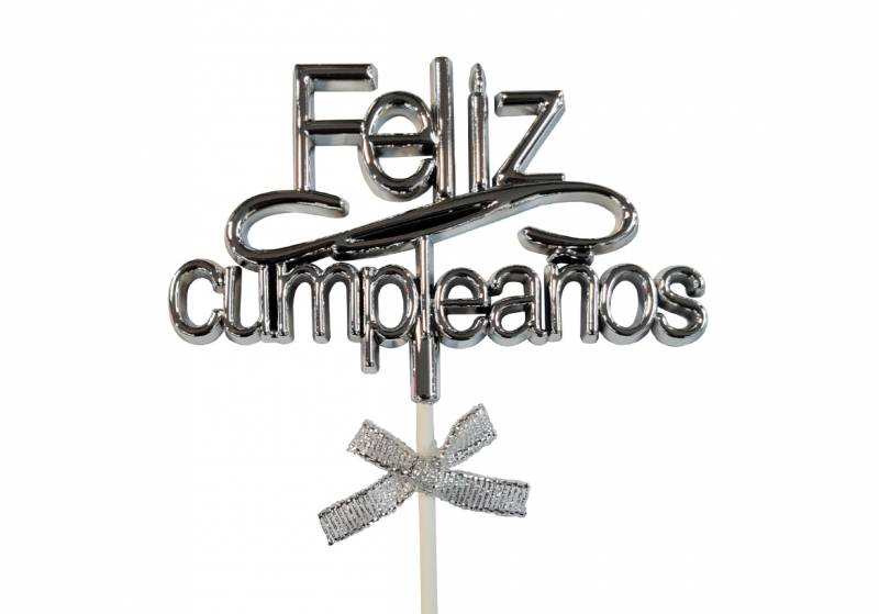 TOPPER PARA TORTA FELIZ CUMPLEAÑOS PLATEADA